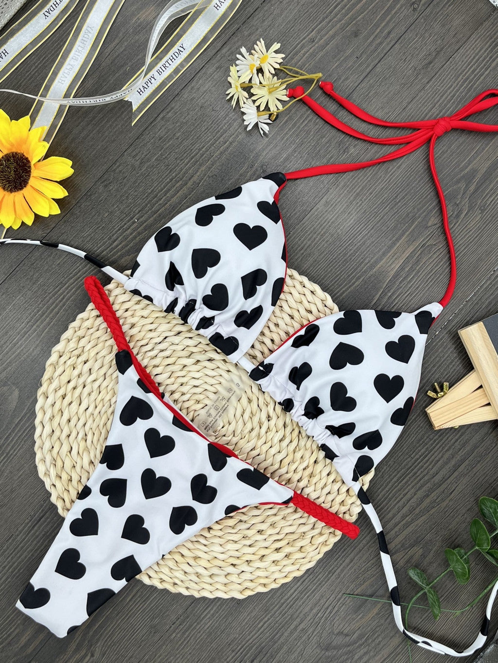 Bikini Heart Printing Sexy Backless Split Swimsuit Bikini