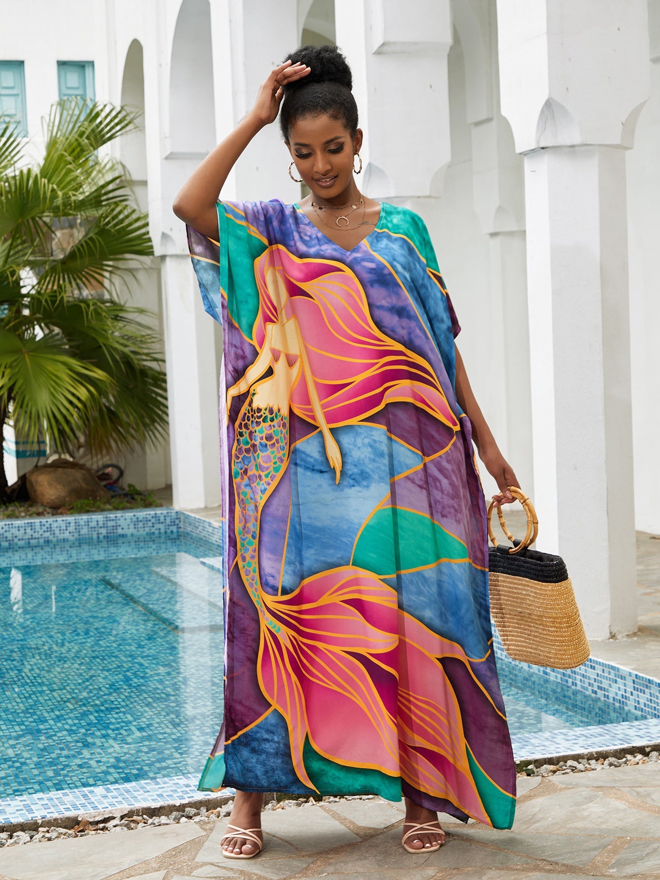 Purple, pink, and green wave print maxi cover-up dress with V-neck and loose fit