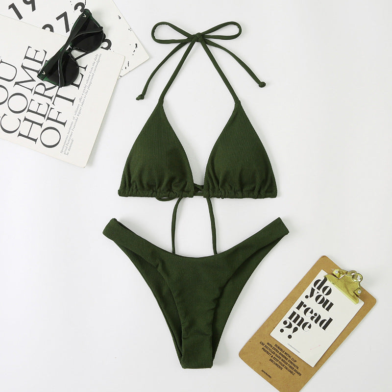 Women Split Sexy Double Sided Triangle Lace Up Bikini Beach Swimwear
