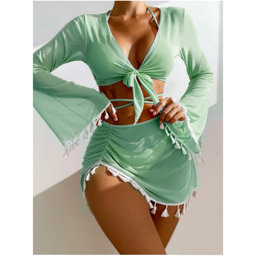 Solid Color Tassel Four Piece Swimsuit Bikini Bikini Swimsuit for Women
