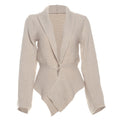 Ivory rib-knit sweater cardigan with deep V neckline and long sleeves