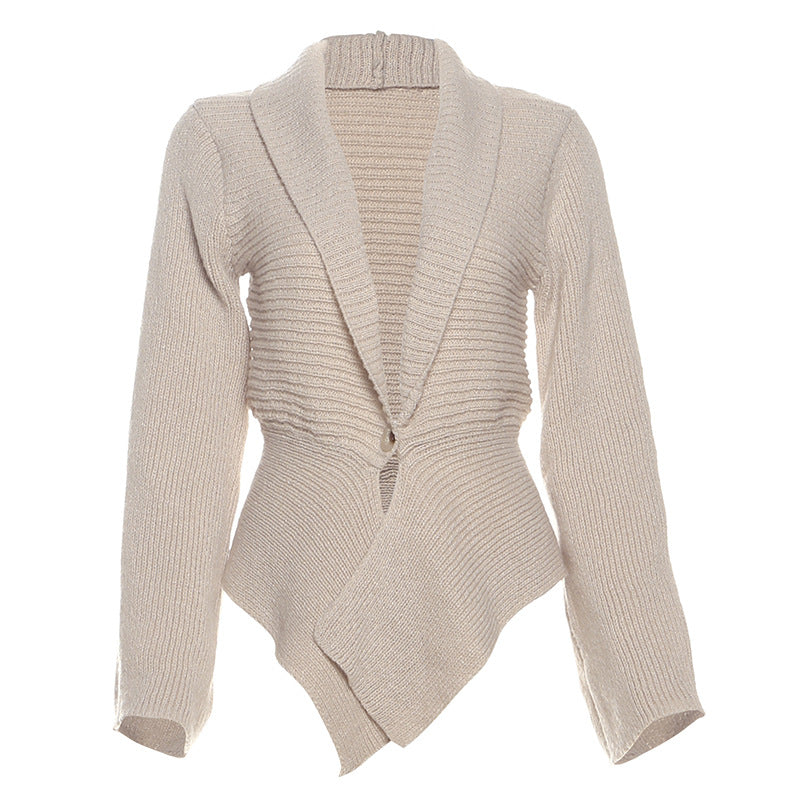 Ivory rib-knit sweater cardigan with deep V neckline and long sleeves