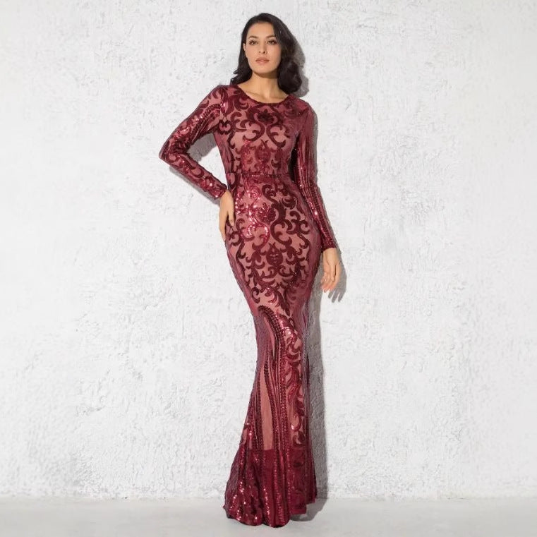 Middle East Long Sleeve Sequ Dress Long Slim Fit Hip Wrapped Cocktail Dress