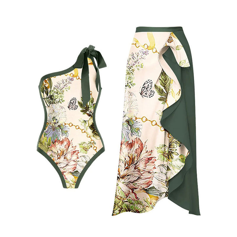 Sexy Swimsuit Retro One Shoulder Swimsuit Bikini Chiffon Beach Skirt Set
