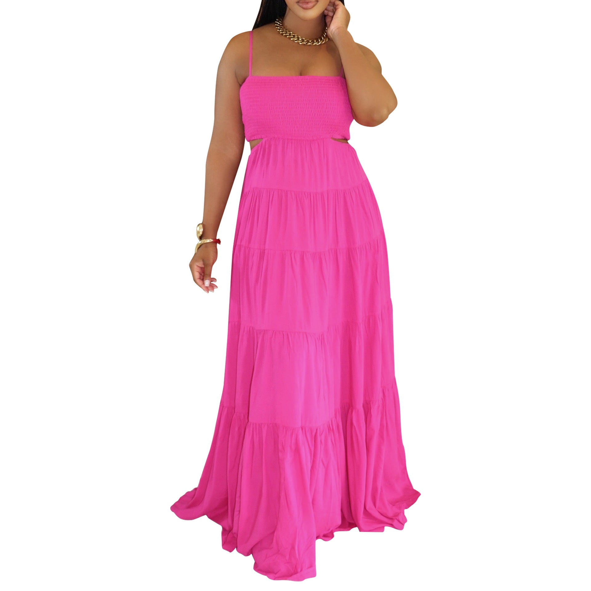 Pink spaghetti-strap tiered maxi dress with smocked bodice and layered ruffle tiers