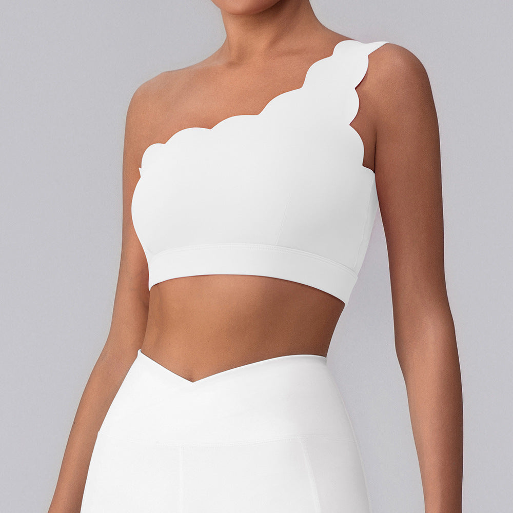 Bright white lace-trim yoga sports bra with built-in chest pad, high neckline