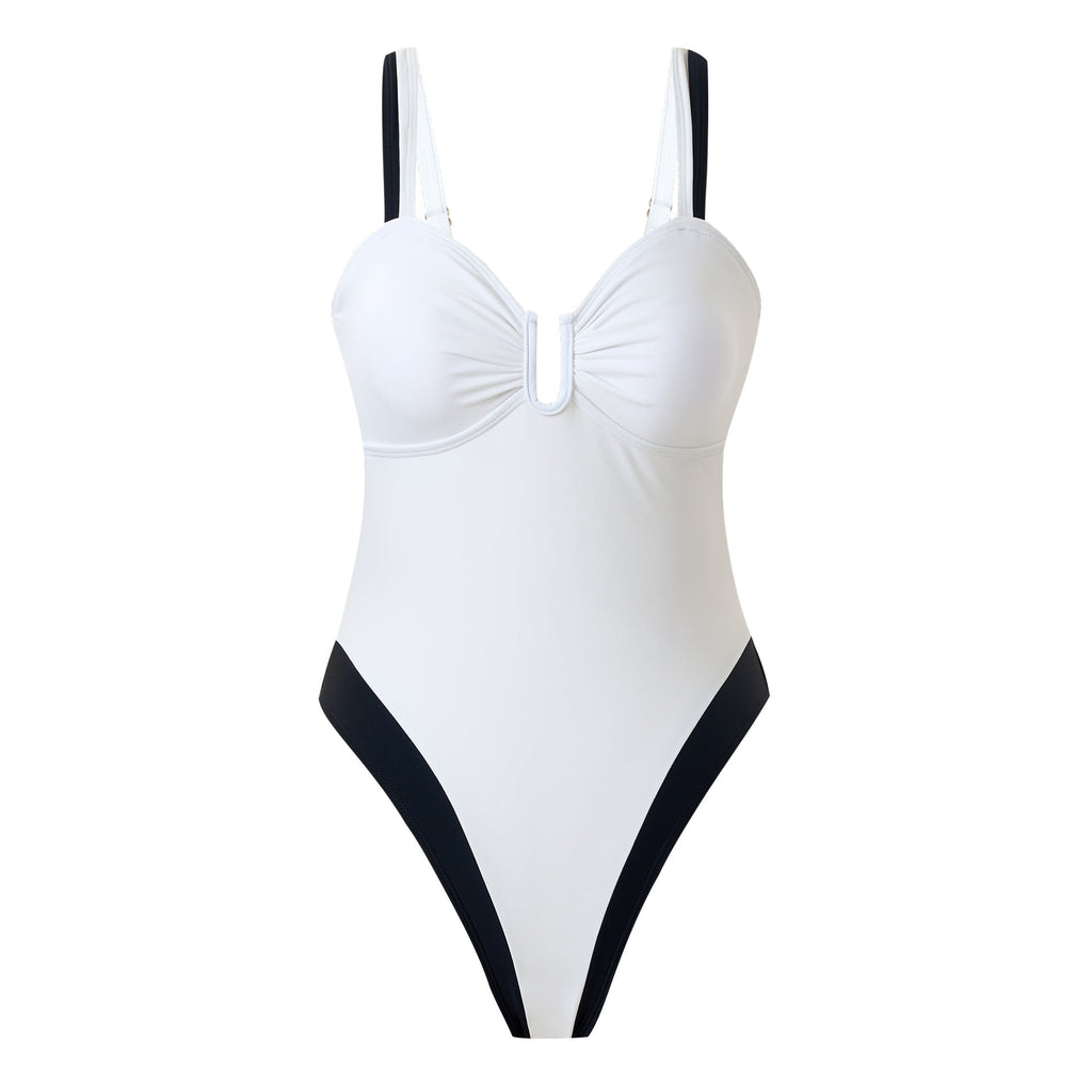 Sexy Swimsuit Women Siamese Triangle Solid Color Black White Patchwork Nylon Swimsuit