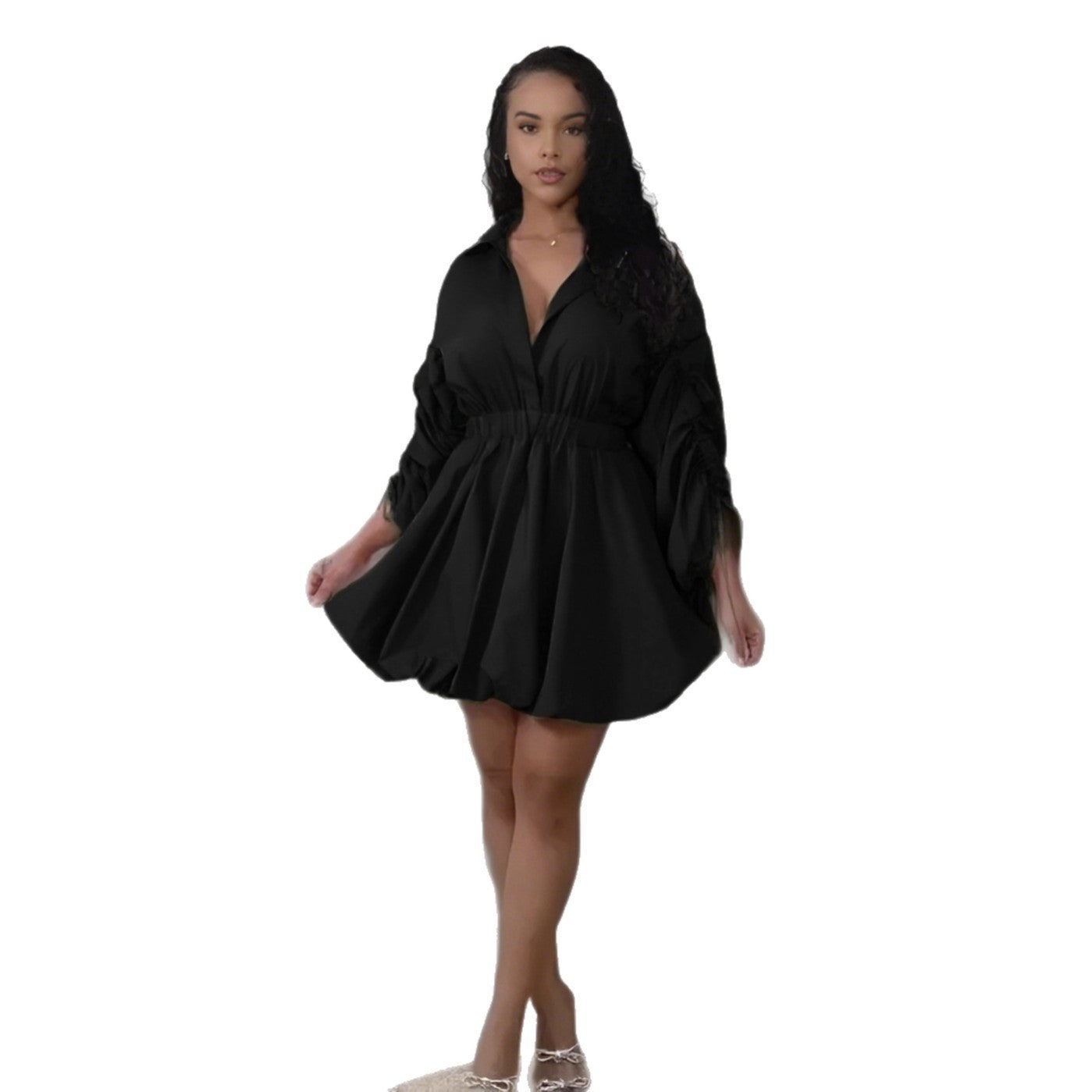 Army green V-neck long-sleeve dress with gathered waist and bubble skirt