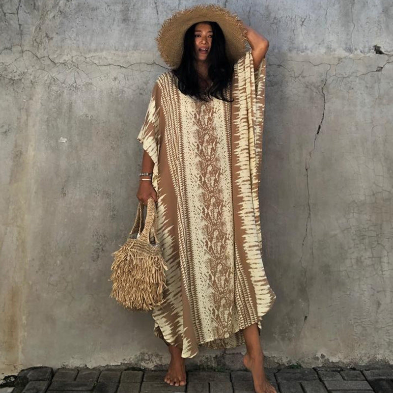 Women’s rayon robe dress in beige and cream snake pattern, V-neck, tie waist, side slit