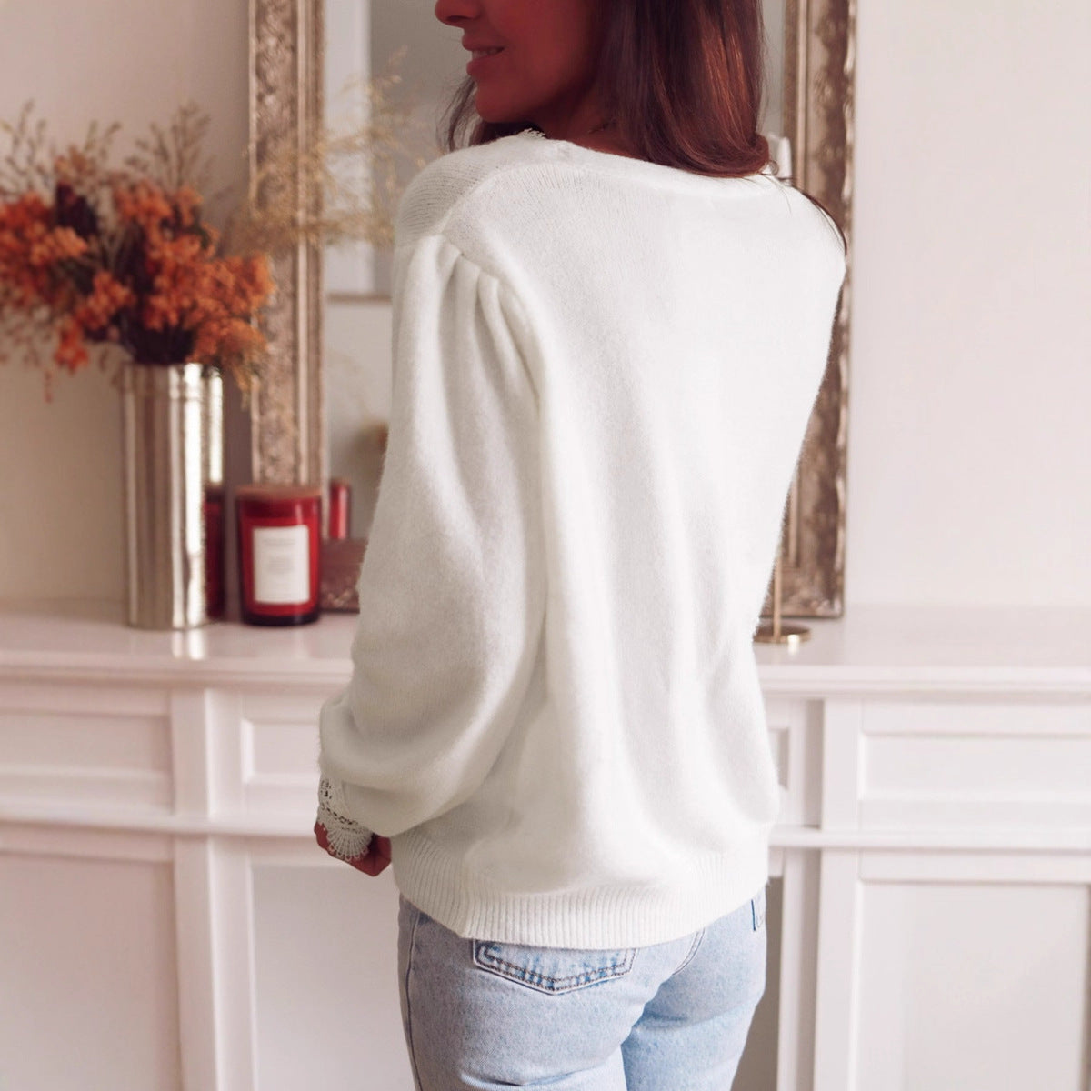 Lace Stitching V neck Knitted Cardigan Women Autumn Elegant Loose Solid Color Top for Women