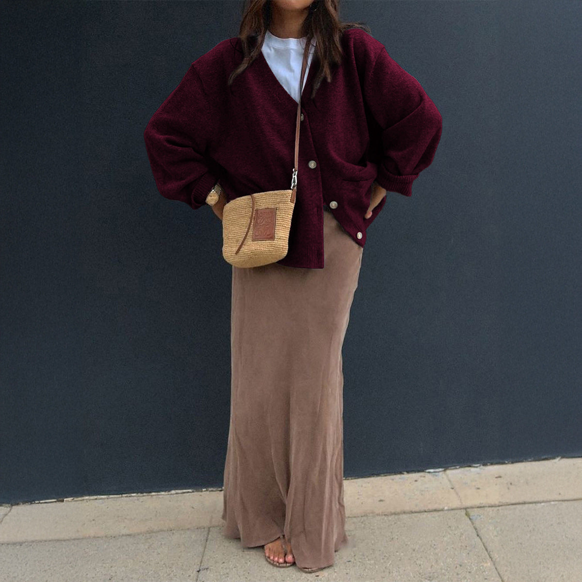 Women’s long-sleeve cardigan coat sweater, burgundy button-front with pockets