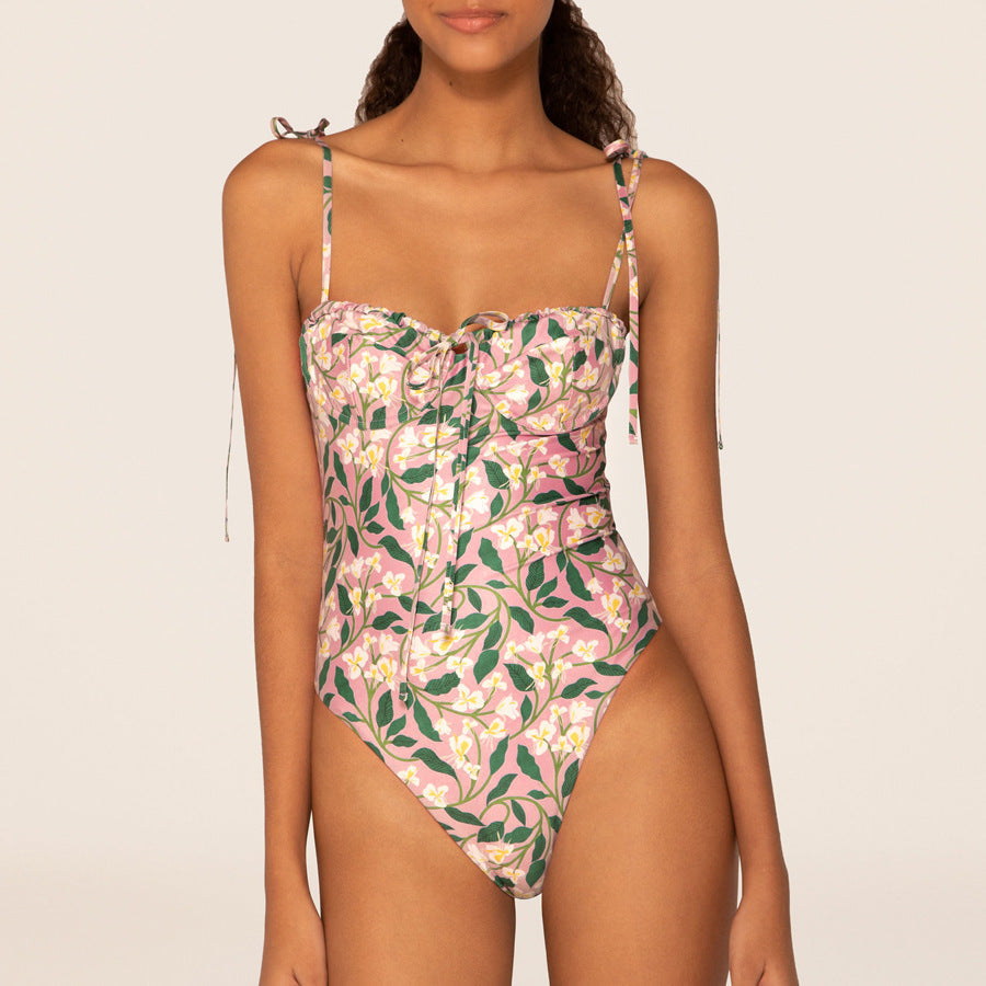Women Lace up One Piece Women Swimwear French Retro Cover Belly Slimming Swimsuit Chiffon Beach Dress
