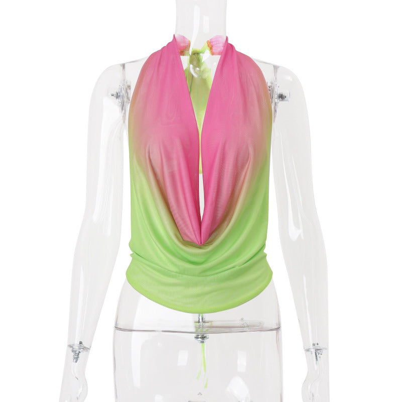 Multicolor gradient halter vest top with deep V neckline and draped front