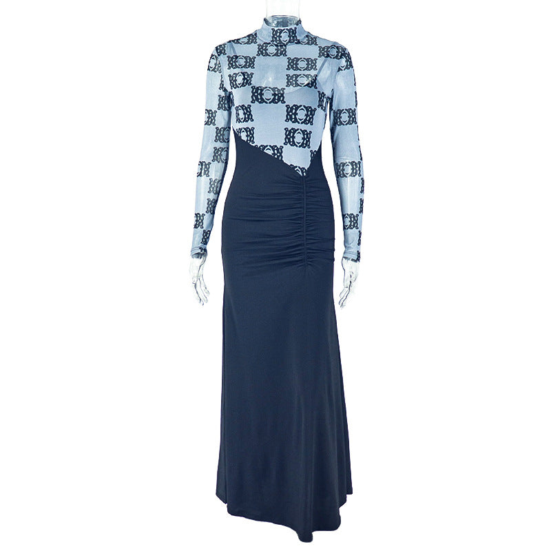 Stitching Women Pleated Slim Hip Micro Transparent Stand Collar Long Sleeve Faux Two Pieces Maxi Dress