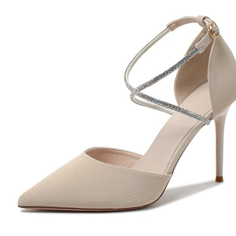 Pointed Stiletto Heel Side Empty Shoes Women Rhinestone Closed Toe Buckle High Heeled Sandals