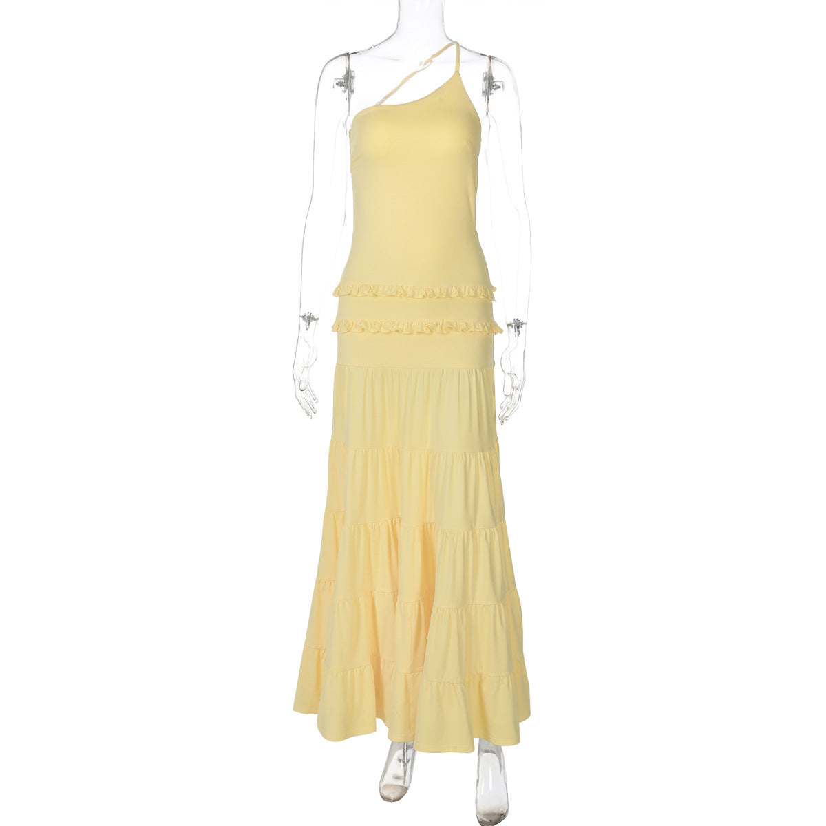 Sexy Hollow Out Cutout out Backless Stitching Tied One Shoulder Pleated Multi Layer Maxi Dress Women