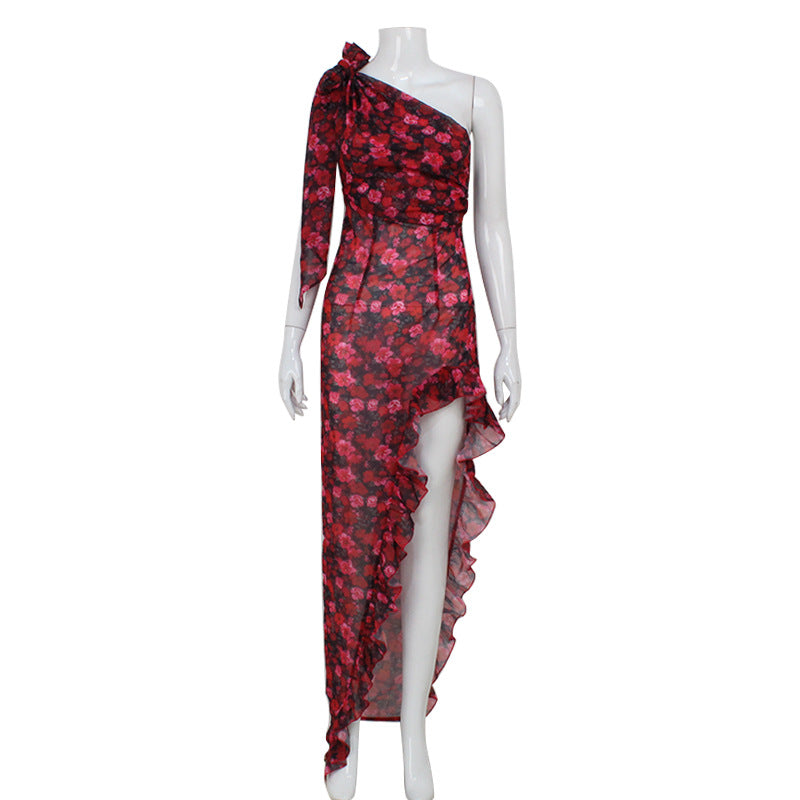 Women’s dark red floral one-shoulder ruffle maxi dress with asymmetric hem and side slit