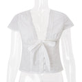 Women Clothing Summer Sexy V neck Bow Bandage Sexy Short Sleeve T shirt Top