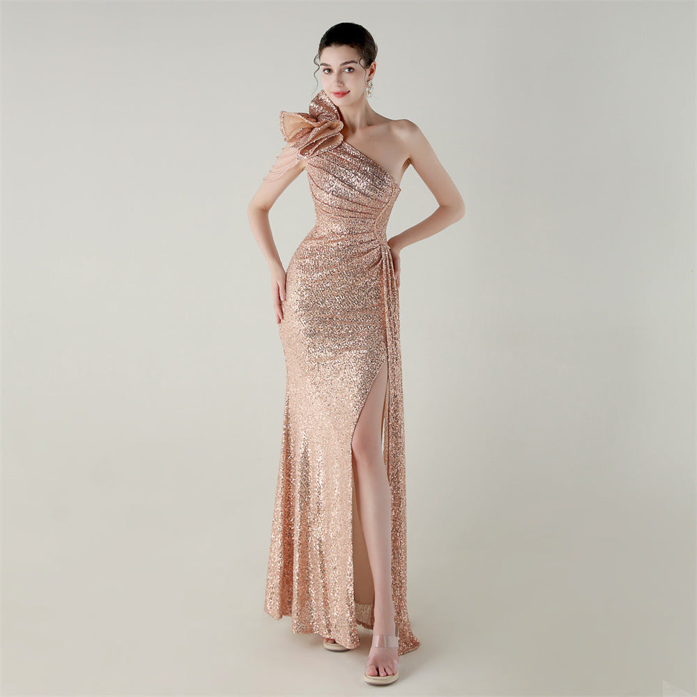 Apricot rose-gold one-shoulder beaded evening dress with side slit and fishtail hem