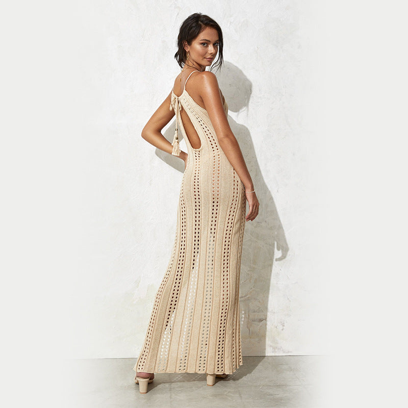 Suspender Beach Dress Women Solid Color Sleeveless Knitted Hollow Out Cutout Out Swimsuit Vacation Beach Dress Women Crochet hook