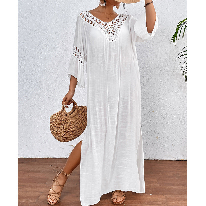 Women Clothing Hand Crocheting Stitching Colorful Ball Sexy Hollow Out Cutout out Backless Loose Beach Long Overskirt