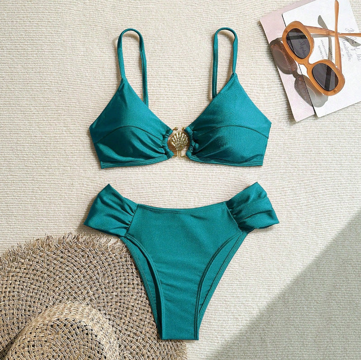 Teal solid-color bikini set with triangle top and high-cut brief bottoms
