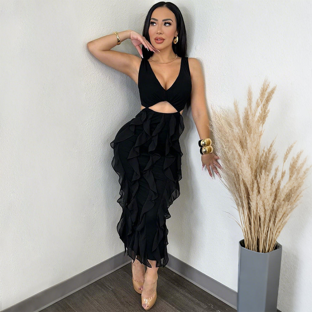 Black sleeveless V-neck cut-out ruffle midi dress with layered skirt and split