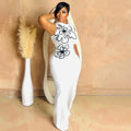 White sleeveless one-piece with round neck, floral print, slim wide-leg trousers