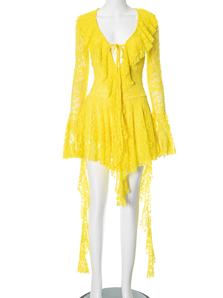 Women Clothing Lace Lotus Leaf Streamer Long Sleeve with Safety Pants Short Dress