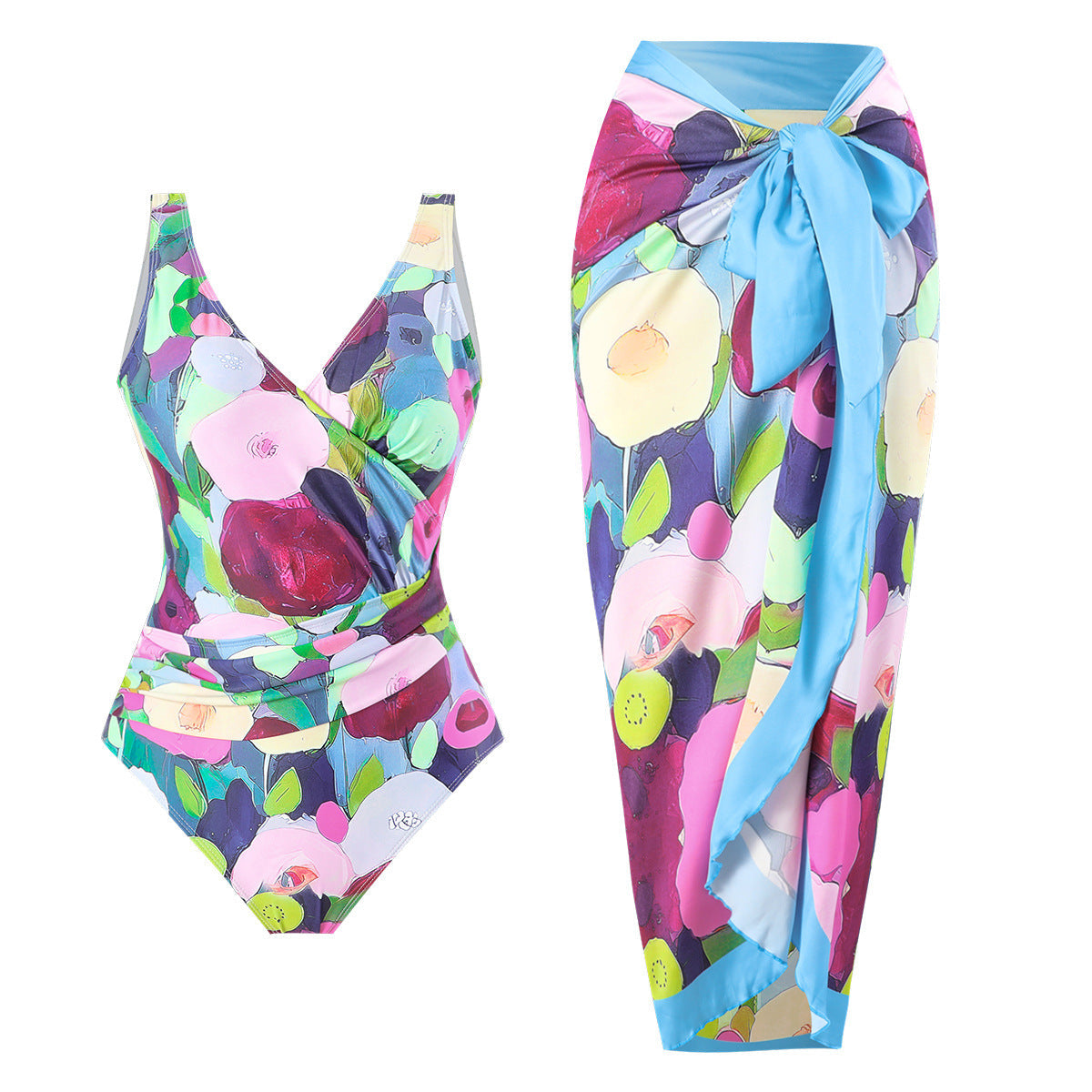 Two Piece Set Swimsuit Cross Belly Covering Printed Backless Sheath Dress Swimsuit