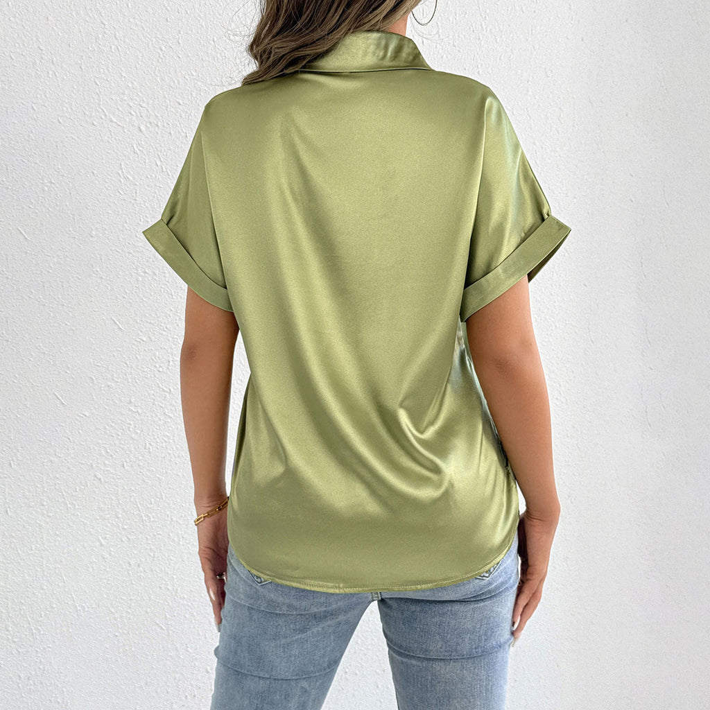 Women Clothes Summer Blue Color Satin Shirt Women Satin Shirt