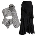 Sexy One Piece Swimsuit Women Pleated Ruffled Striped Swimsuit Bikini Mesh Maxi Dress