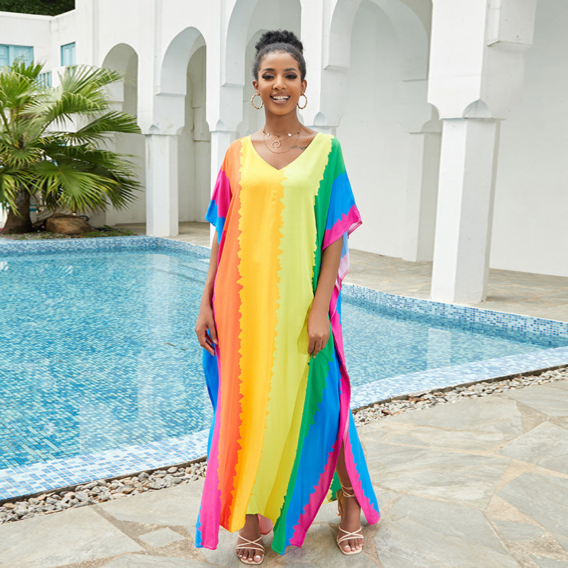 Rainbow striped maxi cover-up dress with V-neck and loose, flowing fit