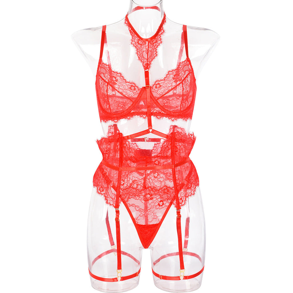 Sexy Three Piece Summer Lace Eyelash Lace Stitching with Halter Foot Ring