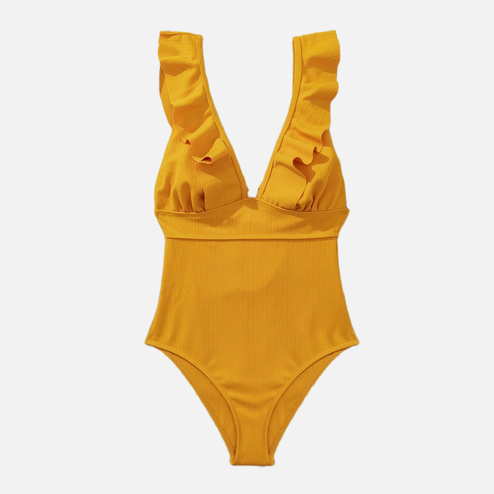 One Piece Women Swimsuit Special Fabric Backless Flying Edge Cover Belly Conservative Swimsuit Women