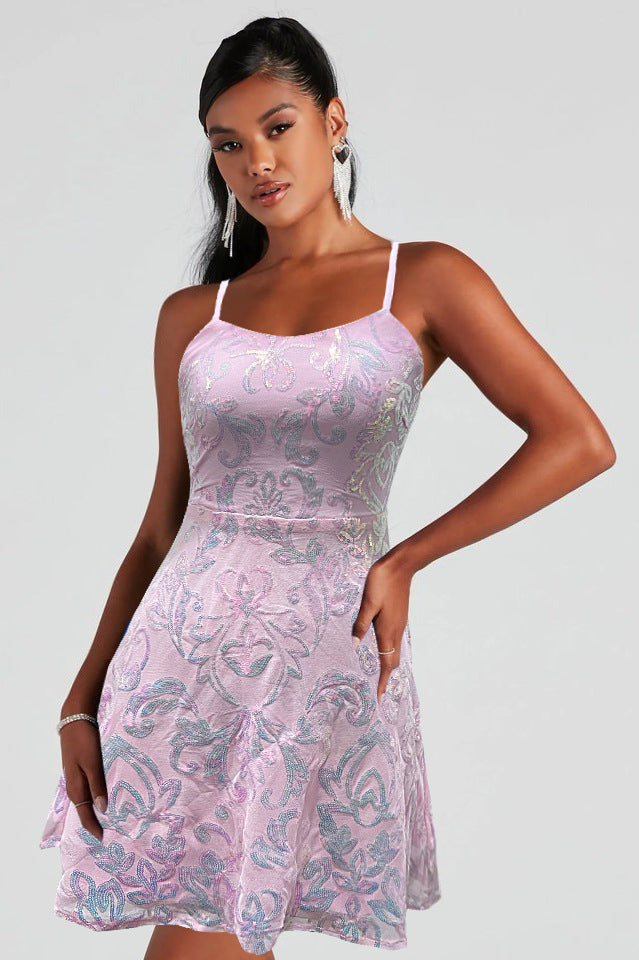 Light lavender sequin mini dress with spaghetti straps and flared A-line skirt.