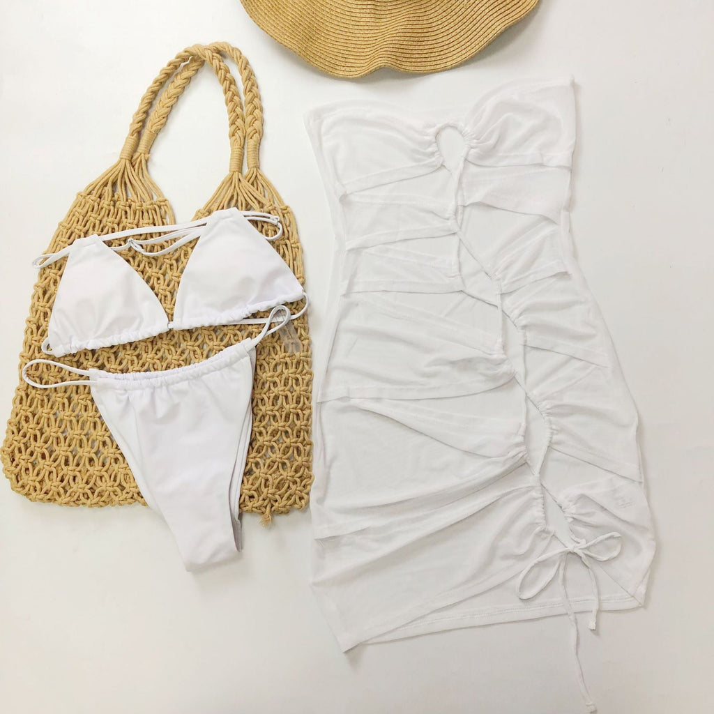 Swimwear Sexy Lacing Bandage Solid Color Ladies Three Piece Set Bikini