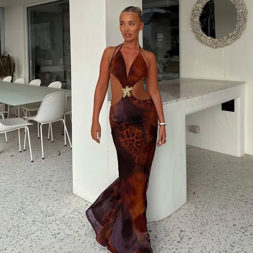 Women Summer Sexy Hollowed Printing Slim Fit Slit Dress