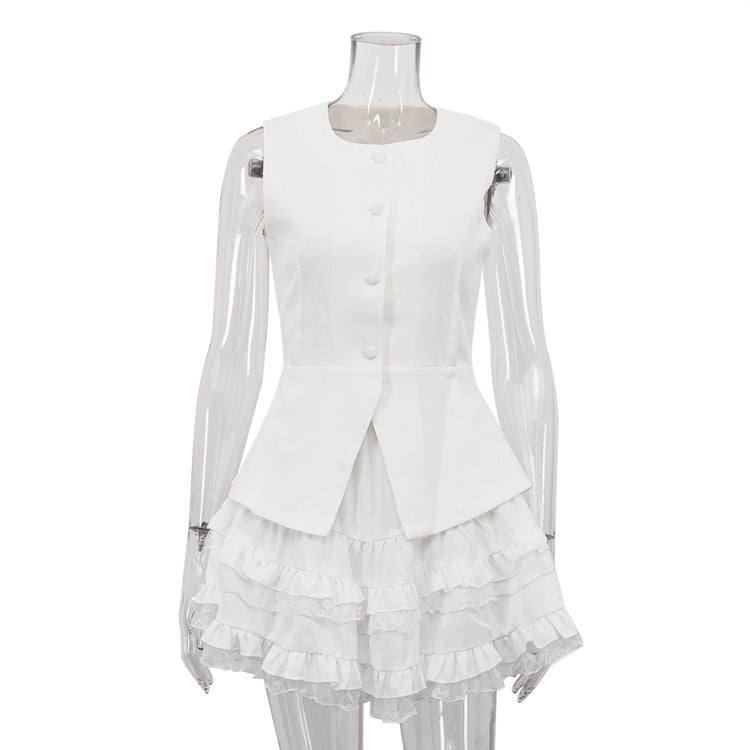 Casual Skirt Outfit Women High Grade Sleeveless Vest Waistcoat Top High Waist Bubble Skirt Two Piece Sets