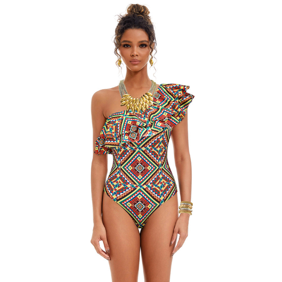 Sexy One Piece Swimsuit Women Bikini Ruffled Printed Swimsuit Chiffon Dress