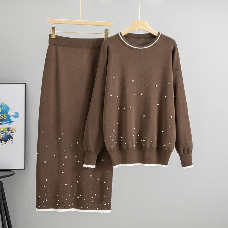 Brown knit sweater and long skirt set with light bead-like dot pattern