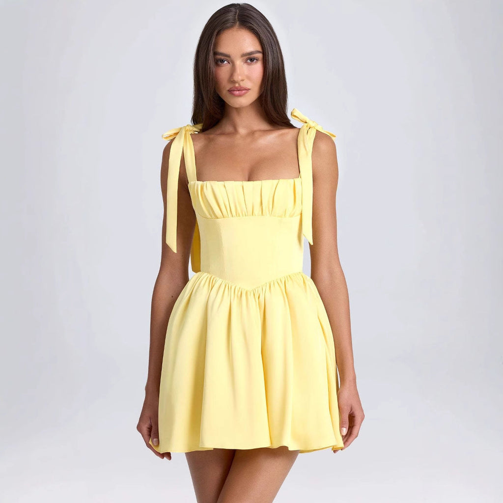 Summer Women Clothing Square Collar High Waist Ruched Stitching Strap Suspenders Puff Dress