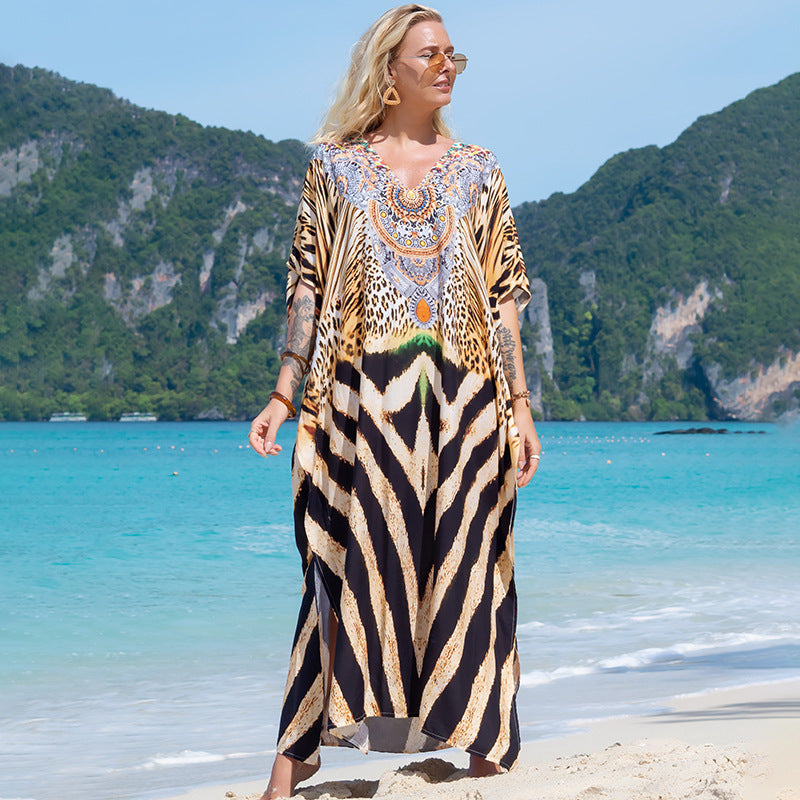 Printed beach cover-up robe dress with leopard-pattern poncho sleeves