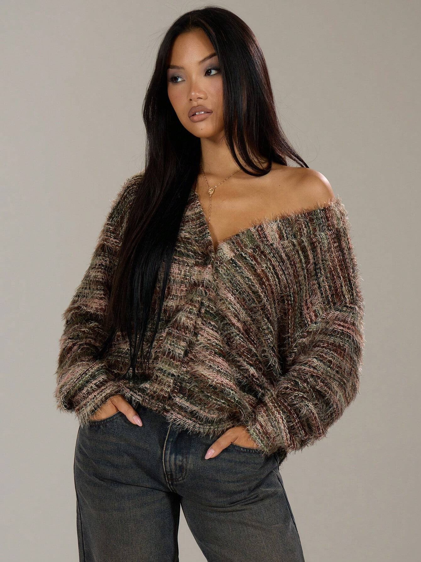 Taupe-brown marled plush cardigan with deep V plunge and long sleeves, striped knit.