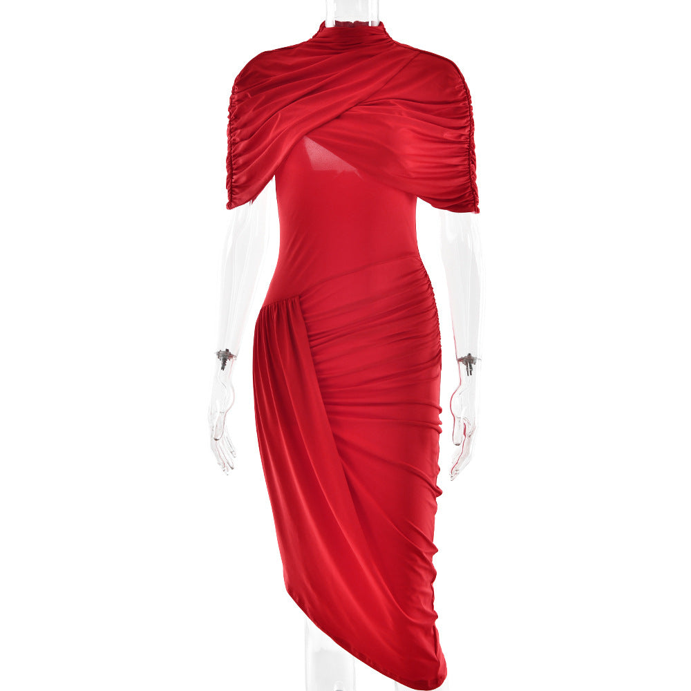 Red pleated sheath midi dress with draped cap sleeves and asymmetric side drape