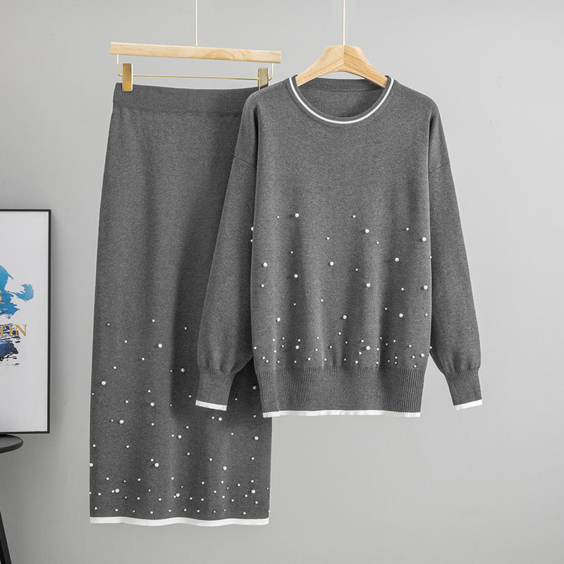 Gray knit sweater and long skirt set with scattered beaded dot details
