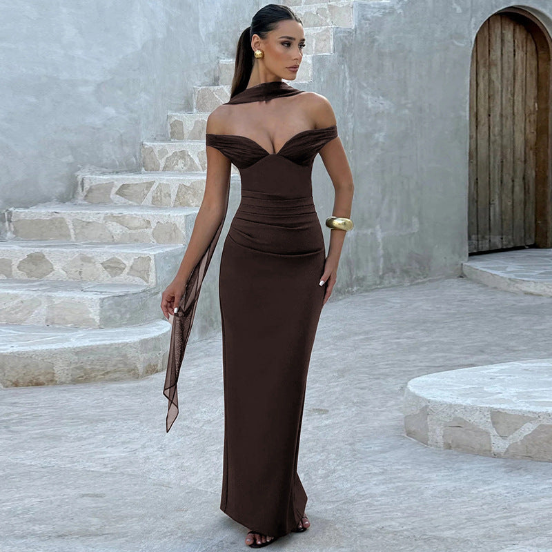 Brown off-shoulder sweetheart maxi dress with ruched waist and side slit