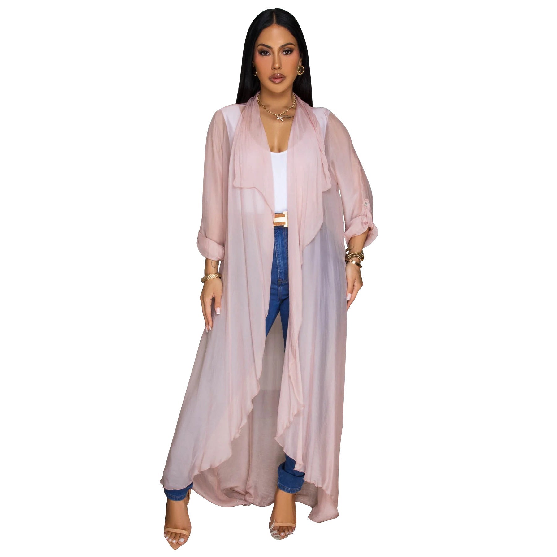Pink chiffon long cardigan duster shirt, sheer open-front drape with long sleeves