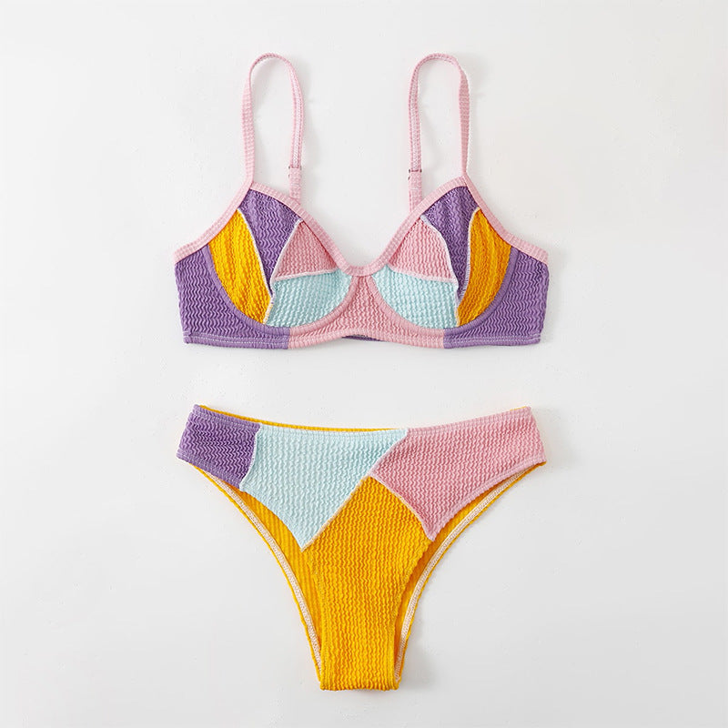 Sexy Double Shoulder Stitching Steel Bracket Push up Bikini High Waist Beach Split Swimsuit