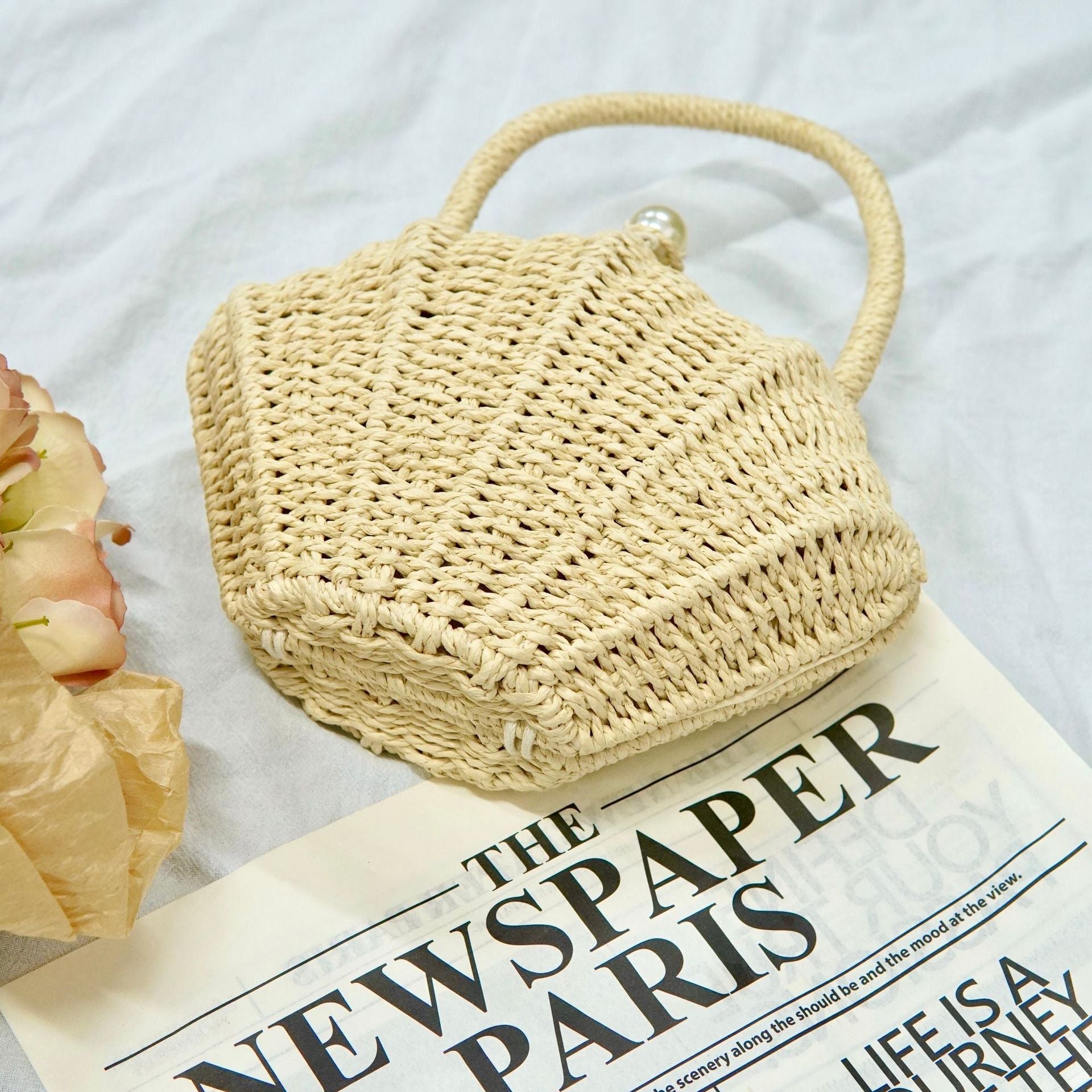 Round Straw Beach Bag - Handwoven Round Tote, Two-Way Handheld Shoulder Purse, Paper Rope Casual Bag